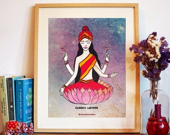 Lakshmi Goddess Art Print, Divine Feminine Watercolor Painting, Altar Art, Spiritual wall art for women, Mystical Illustration, Altar space