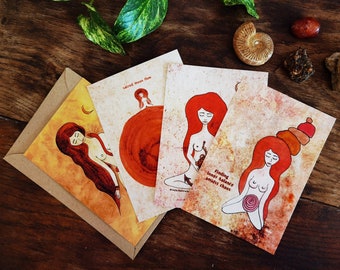 Sacred Feminine Postcards - Watercolor Wild Woman Art, Set of 4