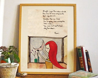 Rumi Poem Art Print, Love-Window Watercolor Illustration