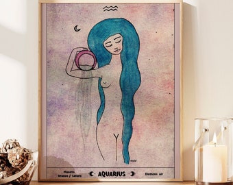 Aquarius Astrological Wall Art, Zodiac Art, Aquarius Star sign, Astrology Gift, Horoscope Print, Celestial Illustration Wall Decor