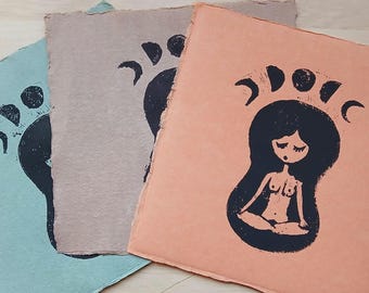 Moon Goddess Linocut Art – Sacred Feminine Print