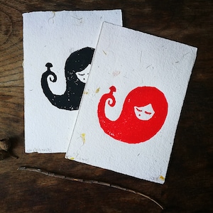 Linocut print {Wild Scarlet}, Mystical Mushroom, Linocut Art, Handprinted Linocut, Whimsical Illustration, Girl with Mushroom, Wall Decor