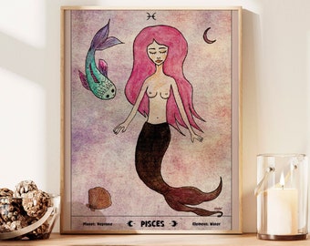 Pisces Zodiac Art Print, Neptune, Mystic Water Sign