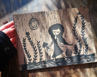 Linocut Art Print – The Wanderess, Naive Witchy Decor