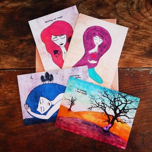 Self-healing Journey - Set of 4 Postcards, wild woman, divine feminine, feminist art, womanhood, empowered art, self love, Whimsical Art