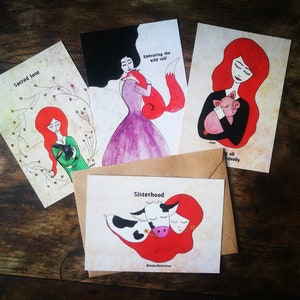 Animals Love Postcards (Set of 4), vegan art, animal lover, animal rights, vegan girl, postcards set, sacred feminine, whimsical art