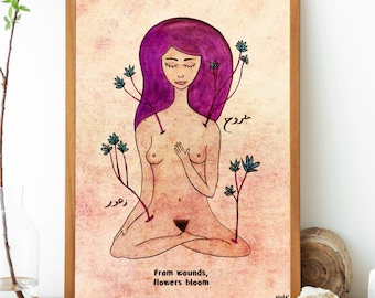 Wounds Flower Art Print, Mystical Botanical Wall Art, Resilience Gift, Self Healing Journey, Self Love, Grief and Growth, Art Therapy