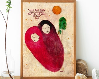 Sacred Union Rumi Poem Art Print, Whimsical Lovers Watercolor