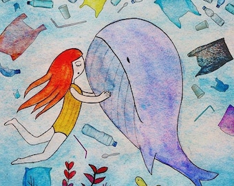 Whale Art Print, Ocean Plastic Pollution, Ecofeminism Artivism
