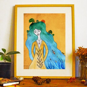 May include: Watercolor painting of a woman with long blue and green hair. The woman is wearing a yellow dress and has a red pendant around her neck. The background is a light orange color with a red sun and a crescent moon.