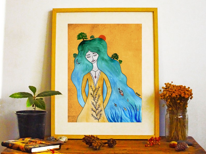 May include: Watercolor painting of a woman with long blue and green hair. The woman is wearing a yellow dress and has a red pendant around her neck. The background is a light orange color with a red sun and a crescent moon.