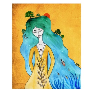 May include: A watercolor painting of a woman with long blue hair. The woman is wearing a yellow dress and has a red pendant necklace. The background is a yellow and orange watercolor wash with trees and a crescent moon.