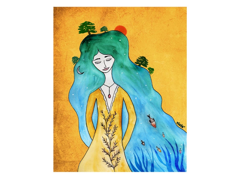 May include: A watercolor painting of a woman with long blue hair. The woman is wearing a yellow dress and has a red pendant necklace. The background is a yellow and orange watercolor wash with trees and a crescent moon.