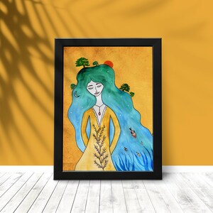 May include: A watercolor painting of a woman with long blue hair. She is wearing a yellow dress and has a red pendant around her neck. The background is a yellow and orange sunset with trees and fish.