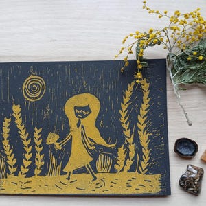 The Wanderess – Linocut Print, Golden Ink on Black, Whimsical Nature Art, Moon and Mushrooms, Handprinted Block Print, Feminine Wild Spirit