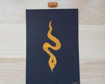 Red Serpent Linocut Art Print, Hand-Printed Snake on Black Paper, Mystical Wall Art Decor