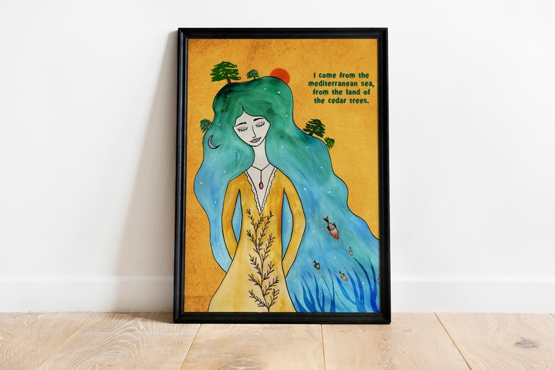 May include: A watercolor painting of a woman with long blue hair and a yellow dress. She is standing in front of a blue and green background with cedar trees and the text "I come from the mediterranean sea, from the land of the cedar trees."
