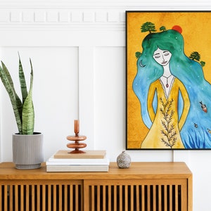 May include: A watercolor painting of a woman with long blue hair and a yellow dress. She is standing in a field of blue flowers with a red sun and green trees in the background. The painting is framed in black and has the word "Molly" written in the bottom right corner.
