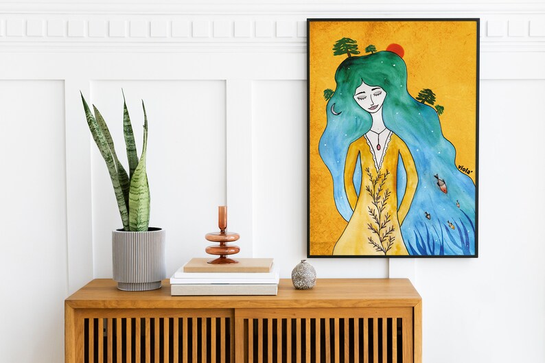 May include: A watercolor painting of a woman with long blue hair and a yellow dress. She is standing in a field of blue flowers with a red sun and green trees in the background. The painting is framed in black and has the word "Molly" written in the bottom right corner.