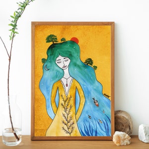 May include: Watercolor painting of a woman with long green hair and a yellow dress. The woman is surrounded by blue water and trees. The painting has a yellow background with a red sun and the text "viola" in the bottom right corner.