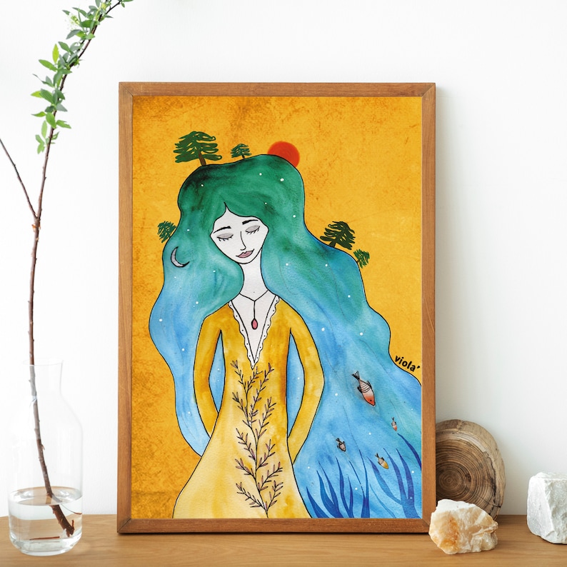 May include: Watercolor painting of a woman with long green hair and a yellow dress. The woman is surrounded by blue water and trees. The painting has a yellow background with a red sun and the text "viola" in the bottom right corner.
