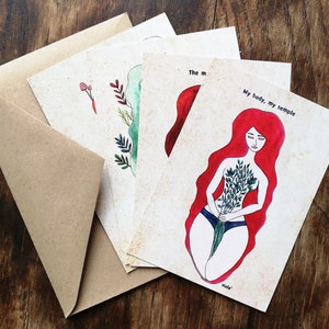 Ecofeminism - Set of 4 Postcards, wild woman, divine feminine, feminist art, womanhood, empowered art, self love, magic moon, Whimsical Art