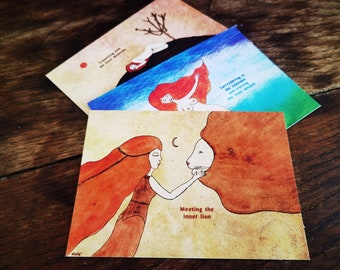 Inner World- Set of 3 Postcards, Feminine Goddess Art, Spiritual Wall Decor for Women,  Whimsical Art Print, Divine feminine