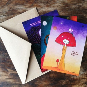 Mystical Postcards (set of 3), magical art, whimsical illustrations, spiritual wall art, mystical greeting cards, sacred feminine wall art