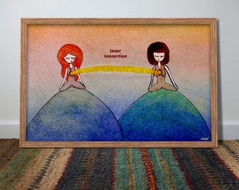 Puede incluir: Dos figuras se sientan en colinas con una línea amarilla que conecta sus corazones. La línea está etiquetada como "conexión interna". El fondo es una acuarela de color naranja, amarillo, azul y verde.