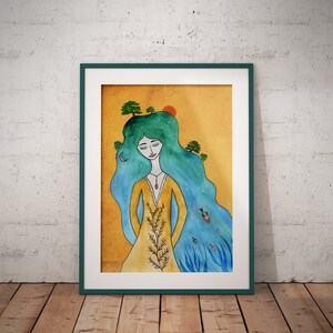 May include: Watercolor painting of a woman with long blue hair, wearing a yellow dress and a red pendant. The woman has trees growing out of her hair and fish swimming around her. The background is a yellow-orange color.