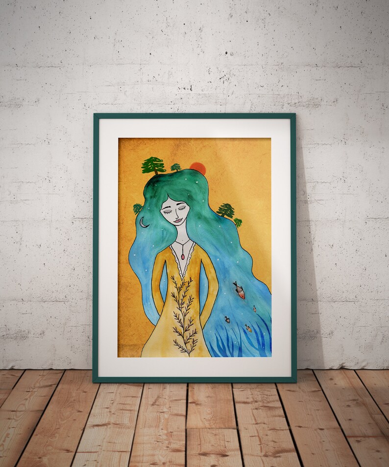 May include: Watercolor painting of a woman with long blue hair, wearing a yellow dress and a red pendant. The woman has trees growing out of her hair and fish swimming around her. The background is a yellow-orange color.