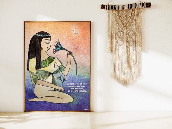 Blue Lotus Art, Egyptian Woman Lotus Flower Art Print,  Ancient Egypt Illustration, Boho Wall Decor, Spiritual Home Decor, Ancient Medicine