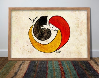 Art Print "Sawa",, Girl with Black Cat, Red-Haired, Naive Style,  Hygge Mindful Wall Art, Whimsical Decor, Cat Mom
