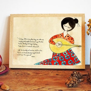 Art Print &quot;Let the beauty we love be what we do&quot;, wall art, Rumi poem, girl playing the oud, Sufi poetry, spiritual art, Whimsical Art