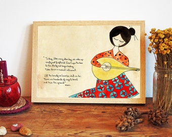 Art Print "Let the beauty we love be what we do", wall art, Rumi poem, girl playing the oud, Sufi poetry, spiritual art, Whimsical Art