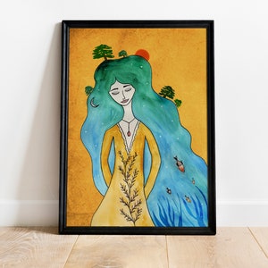 May include: Watercolor painting of a woman with long blue hair, a yellow dress, and a small tree growing from her chest. The background is a yellow-orange color with a red sun and green trees.