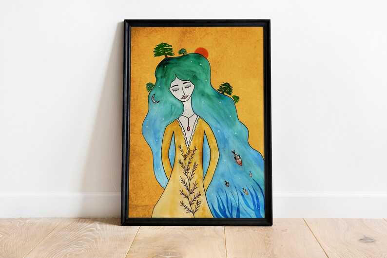 May include: Watercolor painting of a woman with long blue hair, a yellow dress, and a small tree growing from her chest. The background is a yellow-orange color with a red sun and green trees.