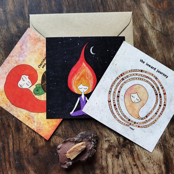 Inner Journey - Set of 3 Postcards, self healing, divine feminine, spiritual feminine wall art, empowered art, self love, Whimsical Art