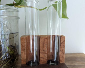 Handcrafted Walnut & Oak Propagation Station – Test Tube Vase for Plant Cuttings | Minimalist Wood Planter Gift