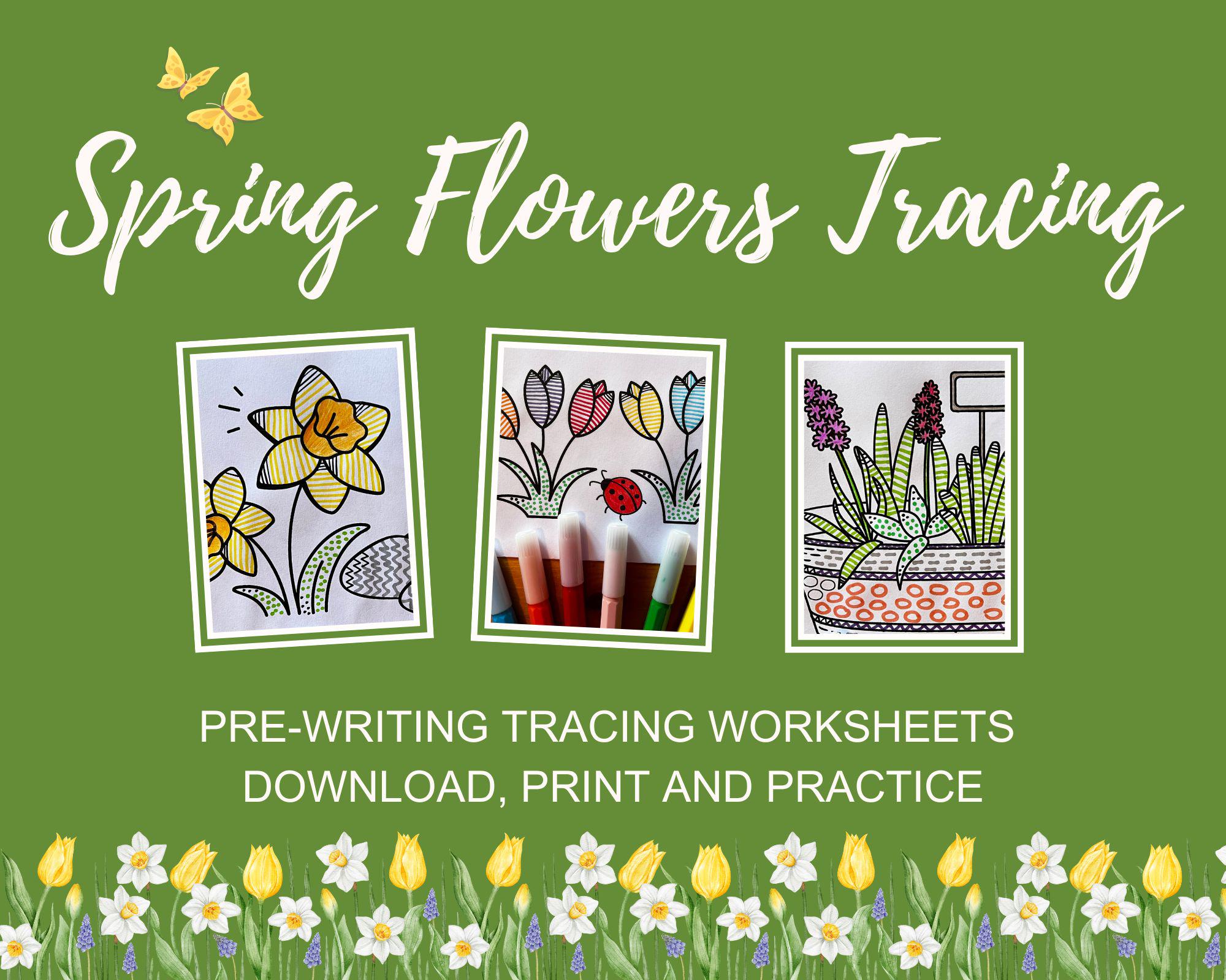 Spring Flowers pre-writing tracing worksheets printable