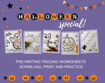 May include: A purple background with the words "HALLOWEEN special!" and "PRE-WRITING TRACING WORKSHEETS DOWNLOAD, PRINT AND PRACTICE". The image features five white-framed drawings of Halloween-themed images, including a ghost, pumpkins, and a cat.