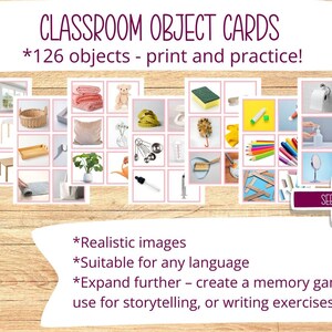 May include: A collection of classroom object cards with realistic images, suitable for any language. The cards feature various objects like furniture, household items, and school supplies. The text on the image says "CLASSROOM OBJECT CARDS *126 objects - print and practice!"