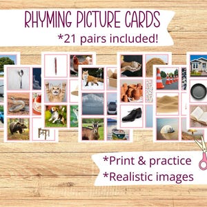 May include: A set of rhyming picture cards featuring 21 pairs of images, such as bees and trees, ducks and trucks, and a house and a mouse. The cards are designed for print and practice, with realistic images.