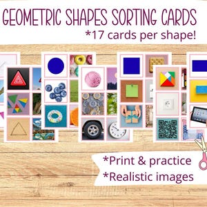 Op de afbeelding: Sorteerkaarten met geometrische vormen met verschillende vormen en realistische afbeeldingen. De kaarten bevatten een blauwe driehoek, cirkel, vierkant en andere vormen. De tekst op de kaarten luidt "Print & oefen" en "Realistische afbeeldingen".