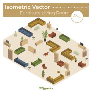 May include: Isometric vector illustration of a living room with various furniture pieces, including sofas, armchairs, coffee tables, lamps, and plants. The furniture is in a variety of colors, including green, blue, yellow, and brown. The illustration is in a flat style and is perfect for use in design projects.
