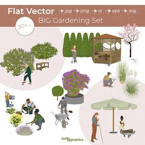Grandes illustrations de jardinage - illustration vectorielle plane - 30 personnes, plantes, outils en couleur, dessin au trait et silhouette - ai, png, jpg, eps, svg