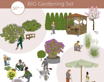 Gardening Vector Illustration Set: People, Plants, Tools (Digital Download)