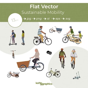 Illustrazioni di mobilità sostenibile - Grafica vettoriale piatta - 13 persone clipart - Cargo E-Bike, E-Biker, Hoverboard - ai, png, jpg, eps, svg