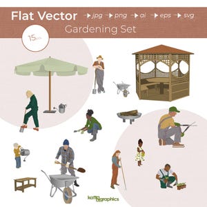 Illustraties tuinierenset - platte vectorafbeelding - 15+ personen, kinderen, tools in kleur, lijnwerk en silhouet - ai, png, jpg, eps, svg