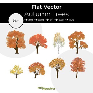 May include: Set of eight autumn trees in various shades of orange, yellow, and brown. The trees are flat vector illustrations, perfect for digital design projects.